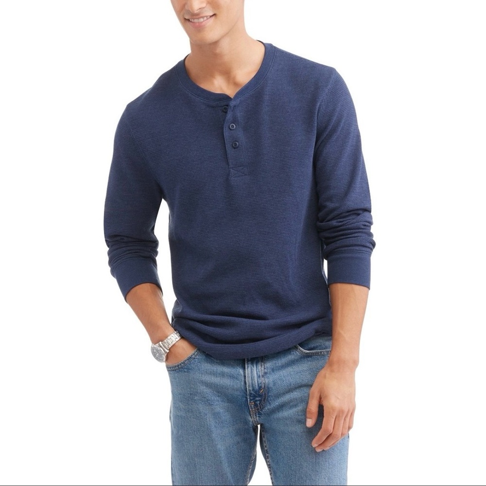 Y2K Vintage Faded Glory Men's Blue Henley Waffle Knit Long Sleeve Shirt size XL